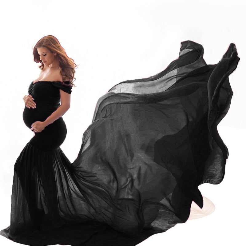 Long Maternity Photography Props Pregnancy Dress For Photo Shooting Off Shoulder - Maxi Maternity Gown (1U5)(Z6)(Z8)(1Z1)(2Z1)(3Z1)(4Z1)(7Z1)
