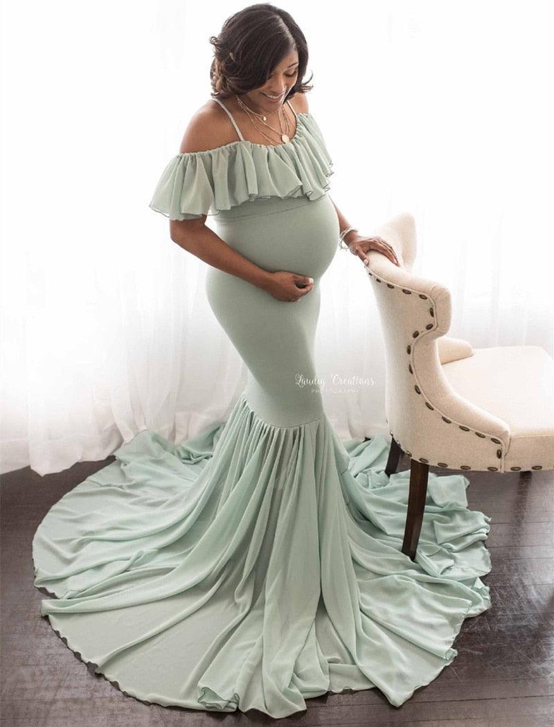 Ruffles Maxi Maternity Gown For Photo Shoots - Cute Sexy Maternity Dresses Photography - Plus Size (1U5)(Z6)(Z8)(1Z1)(2Z1)(3Z1)(4Z1)(7Z1)