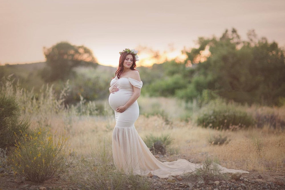 Long Maternity Photography Props Pregnancy Dress For Photo Shooting Off Shoulder - Maxi Maternity Gown (1U5)(Z6)(Z8)(1Z1)(2Z1)(3Z1)(4Z1)(7Z1)