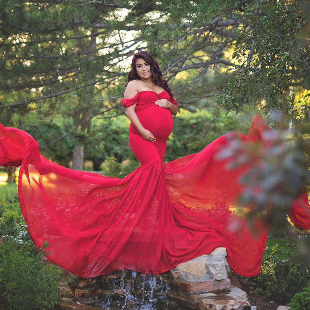 Long Maternity Photography Props Pregnancy Dress For Photo Shooting Off Shoulder - Maxi Maternity Gown (1U5)(Z6)(Z8)(1Z1)(2Z1)(3Z1)(4Z1)(7Z1)