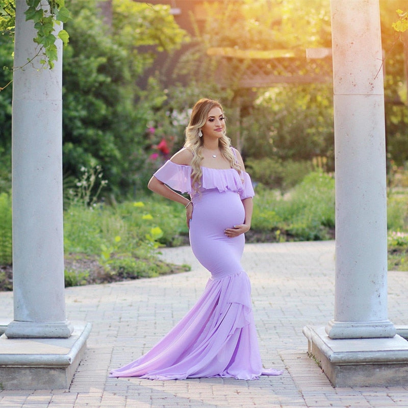 Ruffles Maxi Maternity Gown For Photo Shoots - Cute Sexy Maternity Dresses Photography - Plus Size (1U5)(Z6)(Z8)(1Z1)(2Z1)(3Z1)(4Z1)(7Z1)