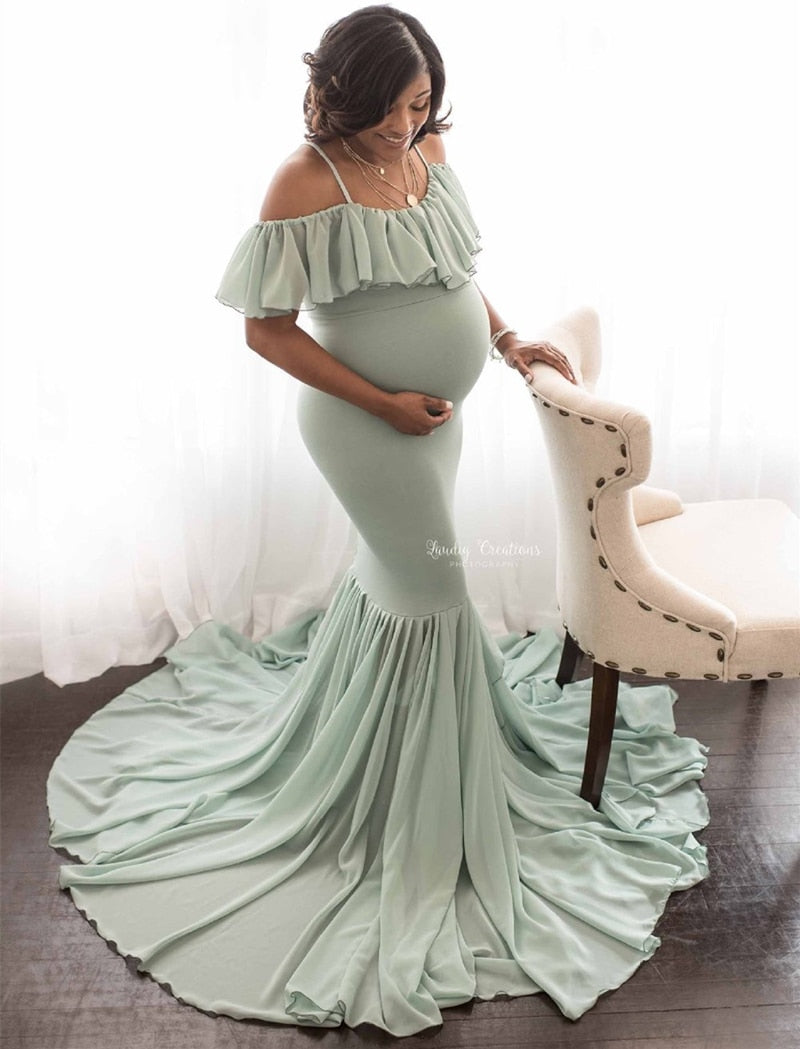 Ruffles Maxi Maternity Gown For Photo Shoots - Cute Sexy Maternity Dresses Photography - Plus Size (1U5)(Z6)(Z8)(1Z1)(2Z1)(3Z1)(4Z1)(7Z1)