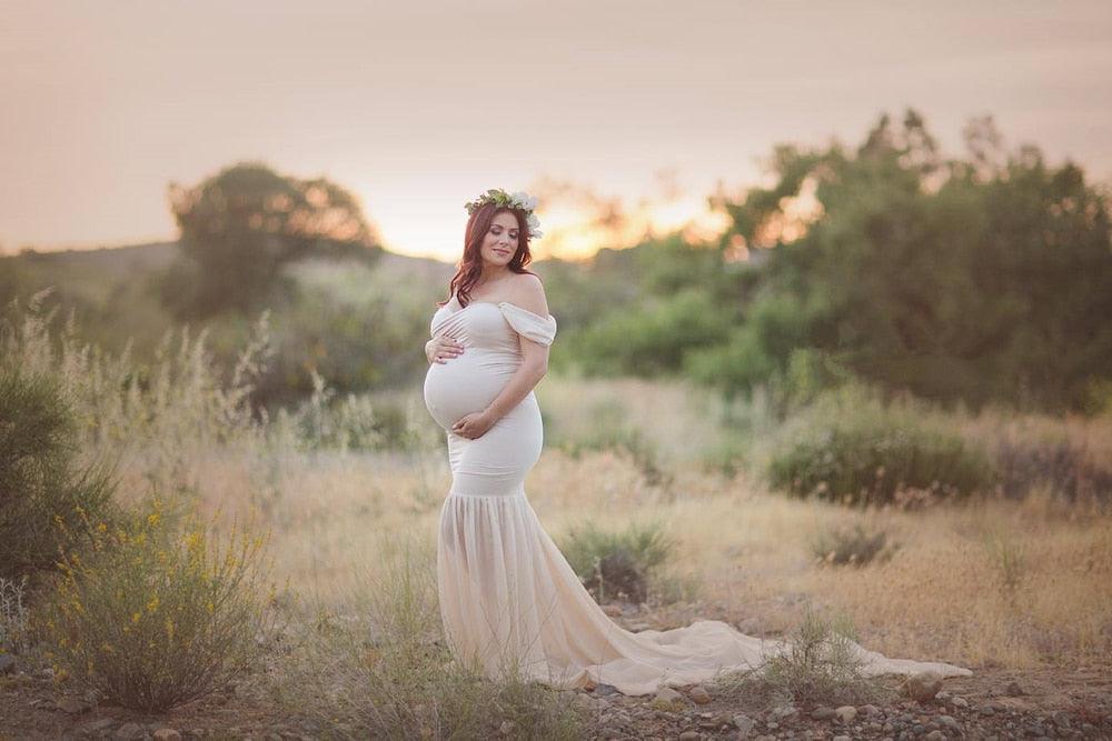 Long Maternity Photography Props Pregnancy Dress For Photo Shooting Off Shoulder - Maxi Maternity Gown (1U5)(Z6)(Z8)(1Z1)(2Z1)(3Z1)(4Z1)(7Z1)