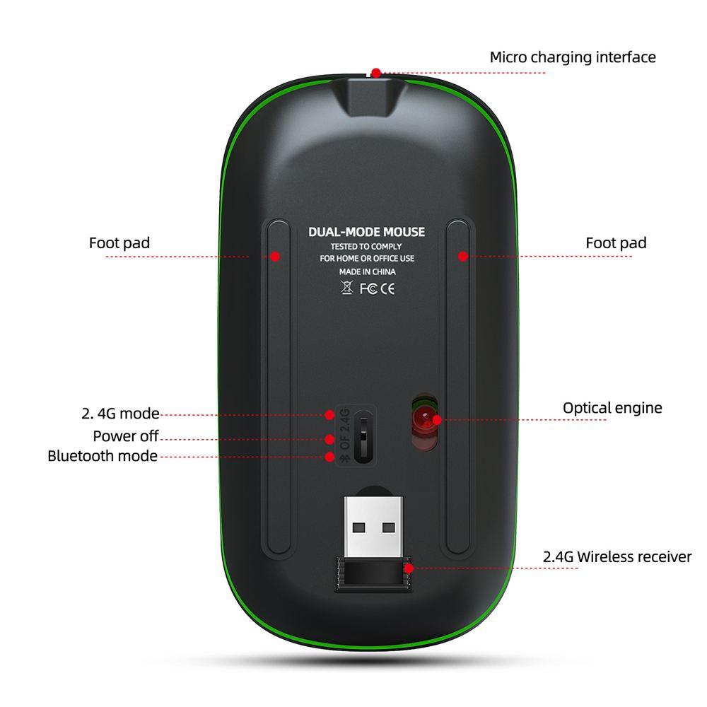 2.4G Wireless Bluetooth 5.1 Optical Mouse - Dual Mode Rechargeable 1600DPI Backlight Mute Mice 500m Ah Battery For PC Laptop (CA1)