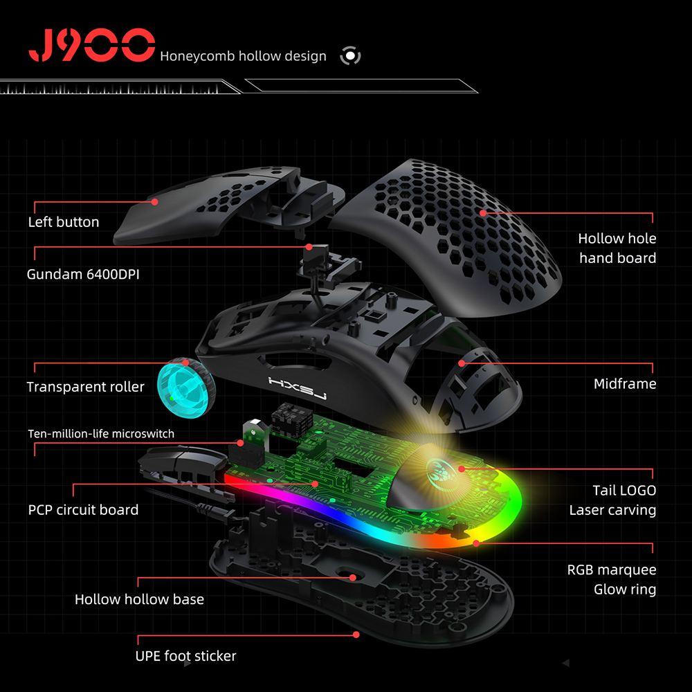 J900 RGB Backlight USB Wired Mouse Honeycomb Hollow Game Mouse 6400DPI For Desktop Computer Laptop PC (CA1)