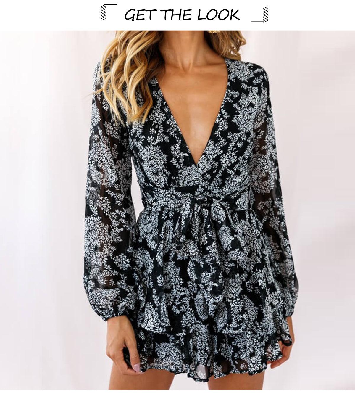 New Chiffon V Neck Women Romper Playsuit Summer Casual Long Sleeve Jumpsuits - 2022 Fashion Print Short Sets Outfit (BWD)(WS06)(F30)(2U30) - Deals DejaVu
