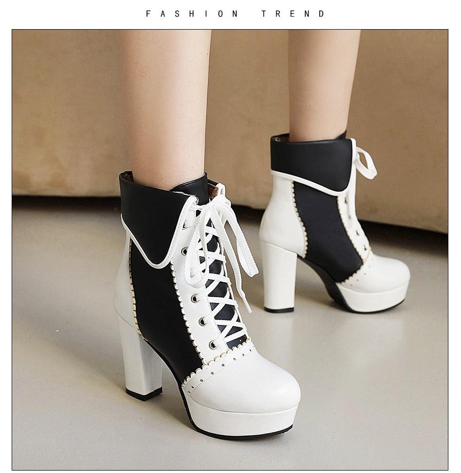 Sweet Cosplay Lolita Shoes Women Ankle Boots High Heels Ruffles Dress Wedding Shoes Bride Mixed Colors Lace Up (BB2)(CD)(WO4)(BB5)(F38)(3U38) - Deals DejaVu