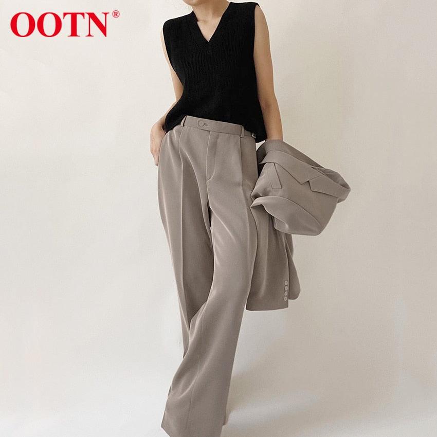 Great Office Lady Pleated Loose Zipper Wide Leg Pants - Women Solid Button Floor-Length Pants Female High Waist Trousers Autumn (D25)(BP)(1U25) - Deals DejaVu