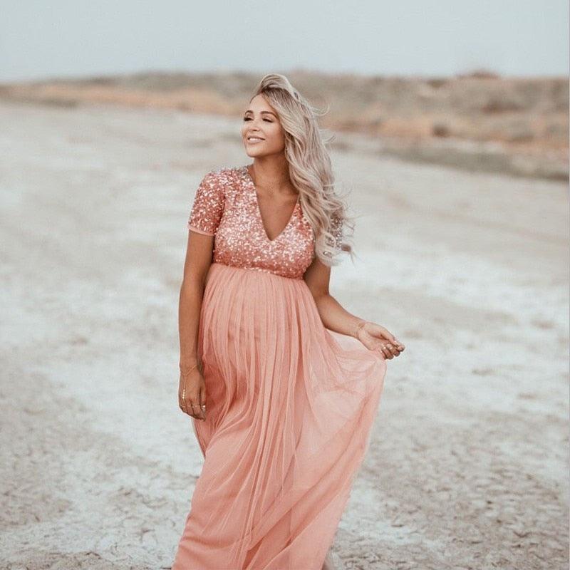 Sequin Tulle Maternity Leisure Dresses - Elegant Pregnancy Baby Shower Photography Props Clothes - Summer Pregnant Women Maxi Gown (Z6)(1Z1)(2Z1)(3Z1)(7Z1) - Deals DejaVu
