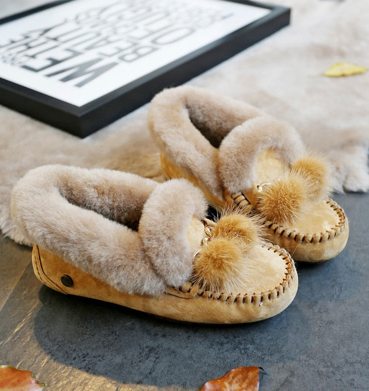 Trending Winter 100% Genuine Leather Real Wool Women Flats New Fashion Female - Plus Size Snow Shoes (FS)(CD)(1U40)(1U38)(1U107)