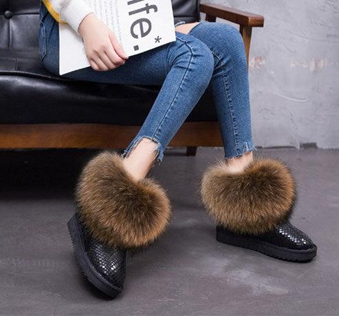 Cute Fashion Genuine Cowhide leather women's boots - real fox fur - winter warm ankle boots, various colors, plus size (FS)(CD)(1U40)(1U38)(1U107)