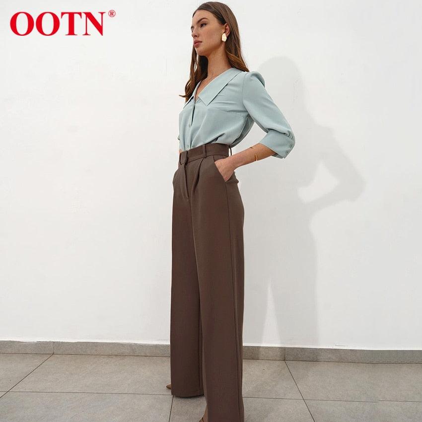 Great Office Work Lady Brown Trouser High Waist Elegant Korean Autumn Buttons Straight Pants For Women Pocket Female Pants new (BP)(1U25) - Deals DejaVu
