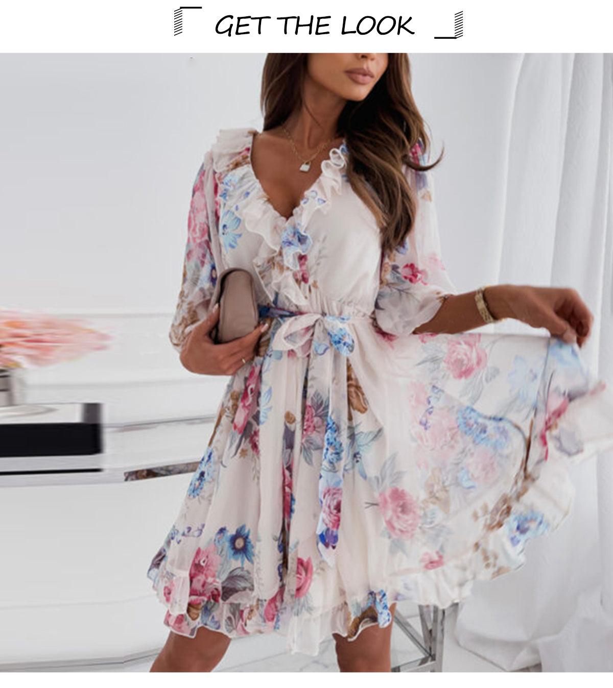 Great Women Spring Cascading Ruffles Flower Print Dress - Boho 2022 Summer Office Chiffon Dress- Female Backless Party Vestidos (BWD)(WS06)(F30)(2U30) - Deals DejaVu