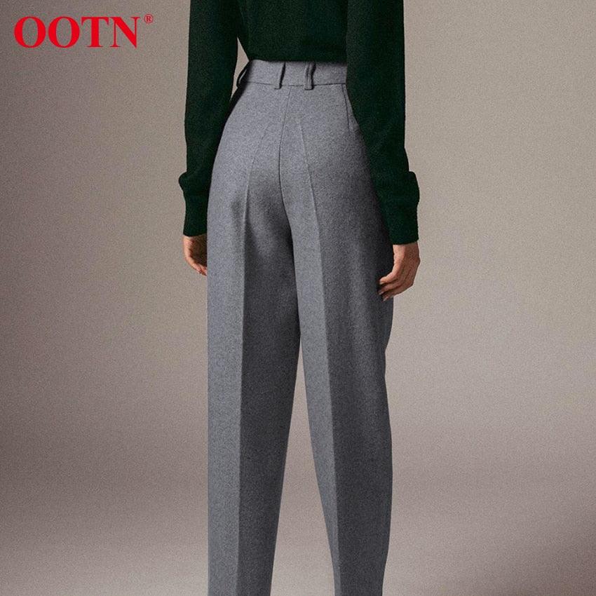 Amazing Office Work Trousers Ladies High Waist Gray Pants - Women Autumn Winter Woolen Pocket Casual Pencil Pants Female Fashion (BP)(1U25) - Deals DejaVu