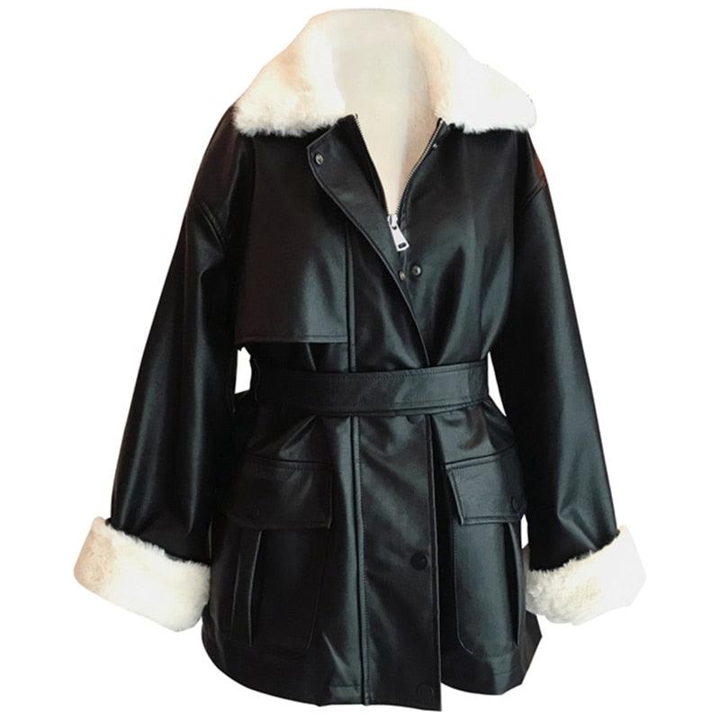 New Winter Oversized Leather Jacket - Women with Faux Rex Rabbit Fur Inside Warm Soft Thickened Fur Lined Coat Long Sleeve (TB8B)(TB8A)(TP3)(1U23) - Deals DejaVu