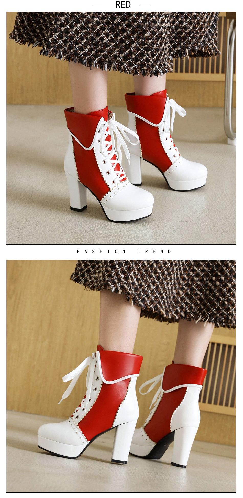 Sweet Cosplay Lolita Shoes Women Ankle Boots High Heels Ruffles Dress Wedding Shoes Bride Mixed Colors Lace Up (BB2)(CD)(WO4)(BB5)(F38)(3U38) - Deals DejaVu