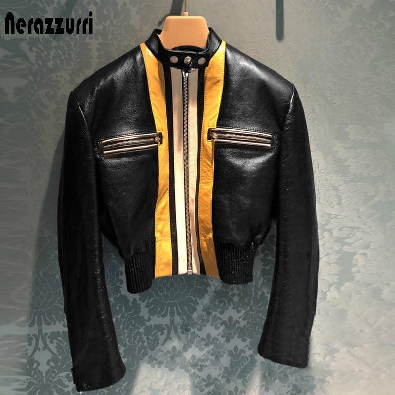 Spring Short Patchwork Faux Leather Jackets for Women - Long Sleeve Zipper Crop Top Runway Plus Size Korean Fashion 7xl (TB8B)(TB8A)(TP3)(1U23) - Deals DejaVu