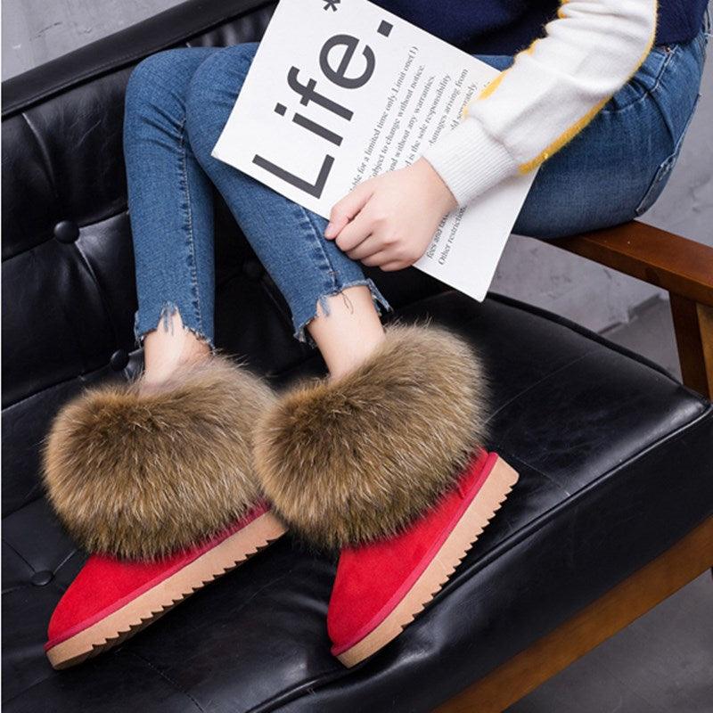 Cute Fashion Genuine Cowhide leather women's boots - real fox fur - winter warm ankle boots, various colors, plus size (FS)(CD)(1U40)(1U38)(1U107)