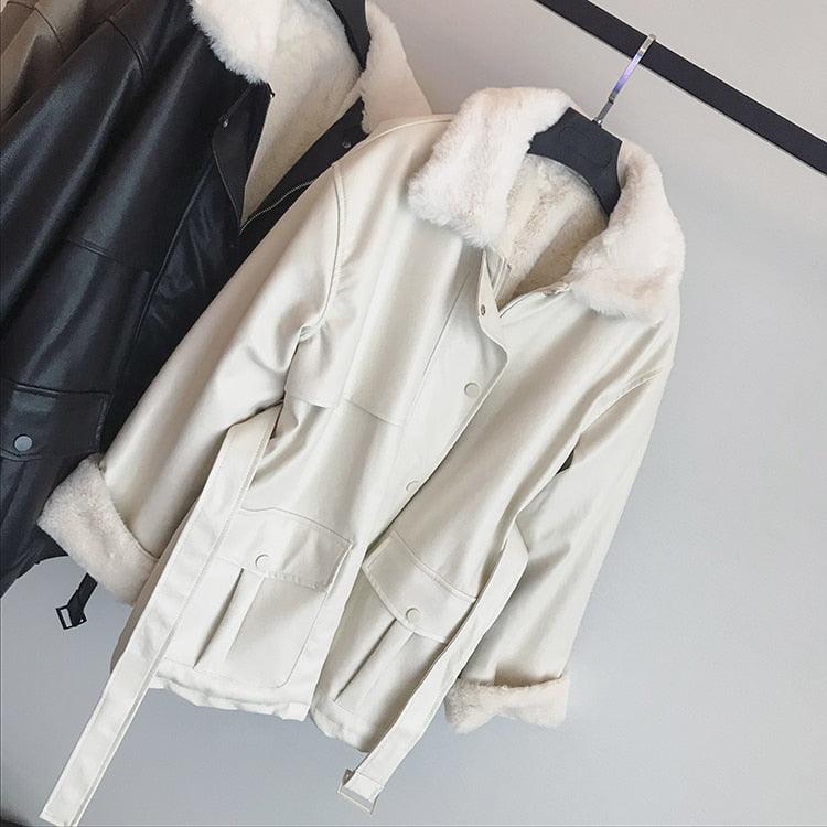 New Winter Oversized Leather Jacket - Women with Faux Rex Rabbit Fur Inside Warm Soft Thickened Fur Lined Coat Long Sleeve (TB8B)(TB8A)(TP3)(1U23) - Deals DejaVu