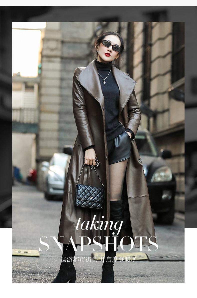 Great Women Autumn Long Brown Black Soft Faux Leather Trench Coat - Belt Long Sleeve Skirted Elegant Luxury Fashion (TB8B)(TB8A)(TP3)(1U23) - Deals DejaVu