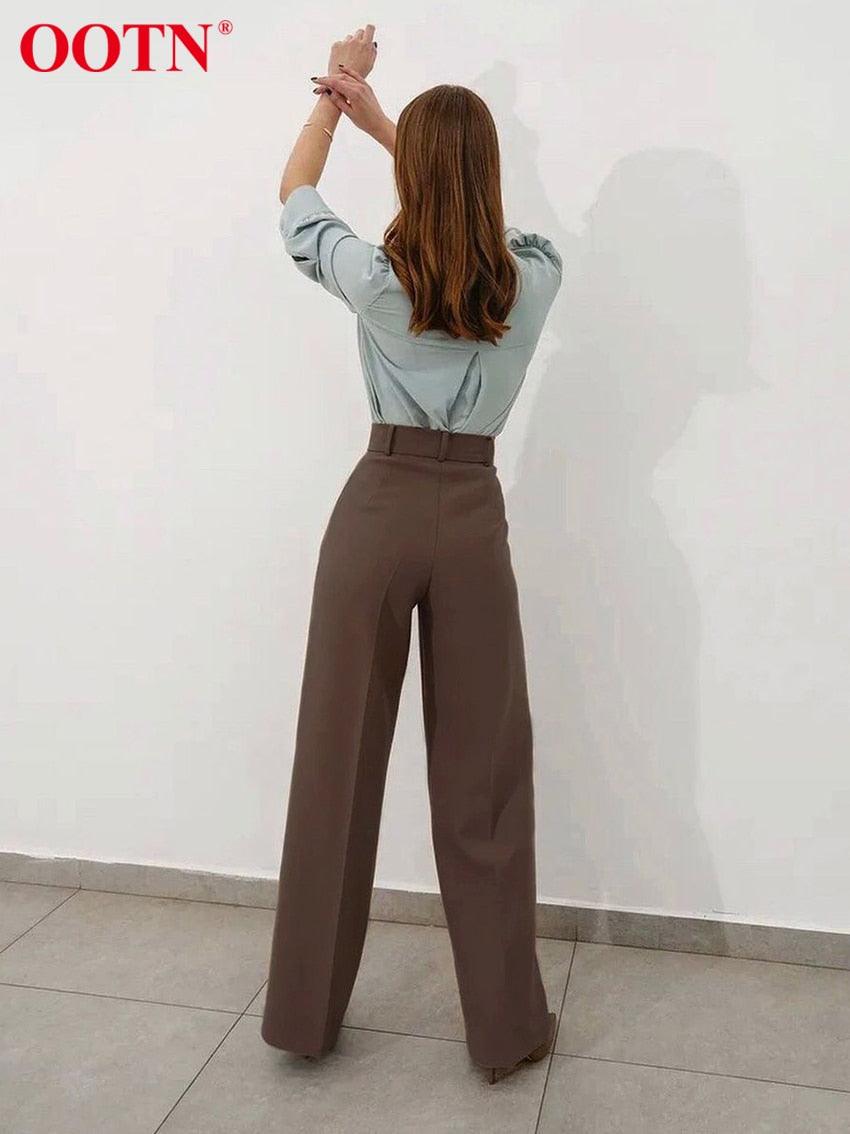 Great Office Work Lady Brown Trouser High Waist Elegant Korean Autumn Buttons Straight Pants For Women Pocket Female Pants new (BP)(1U25) - Deals DejaVu