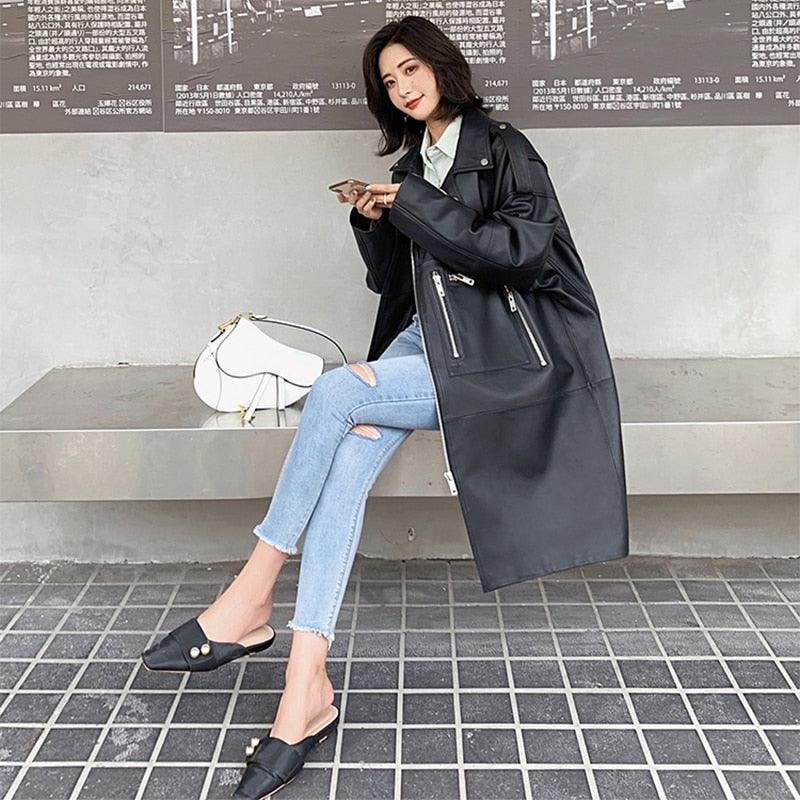 New Autumn Oversized Black Long Womens Leather Jacket - Long Sleeve Sipper Spring Loose Faux Leather Coat Streetwear (TB8B)(TB8A)(TP3)(1U23) - Deals DejaVu