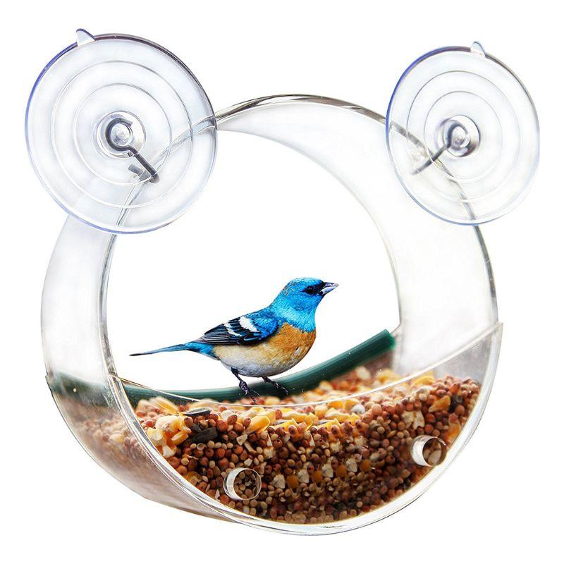 Hanging Round Bird Parrot Feeder Clear Glass Window Seed Tray Durable Pet Feeding Accessories Birds Supplies (9W4)1