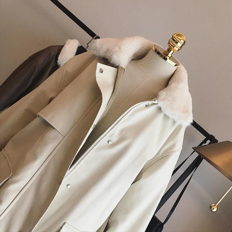 New Winter Oversized Leather Jacket - Women with Faux Rex Rabbit Fur Inside Warm Soft Thickened Fur Lined Coat Long Sleeve (TB8B)(TB8A)(TP3)(1U23) - Deals DejaVu