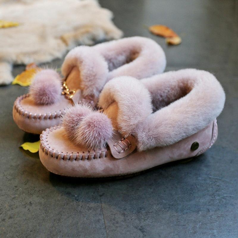 Trending Winter 100% Genuine Leather Real Wool Women Flats New Fashion Female - Plus Size Snow Shoes (FS)(CD)(1U40)(1U38)(1U107)