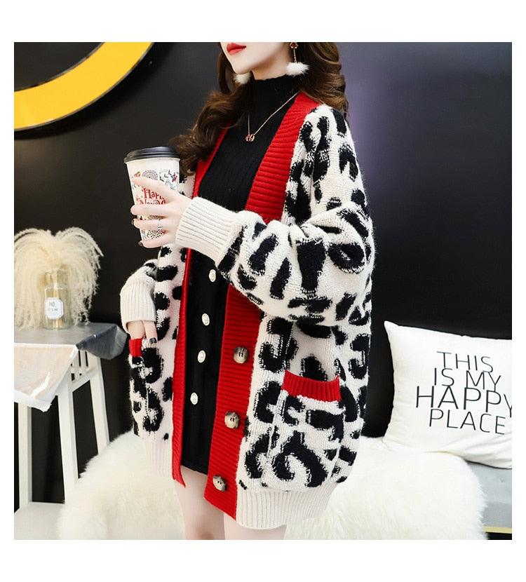 Women Fashion Long Sweater and Cardigans - Open Stitch Leopard Casual Cardigans Red and Yellow Oversized Knit Jacket Out Coat (TP4)(TB8C)(1U23) - Deals DejaVu