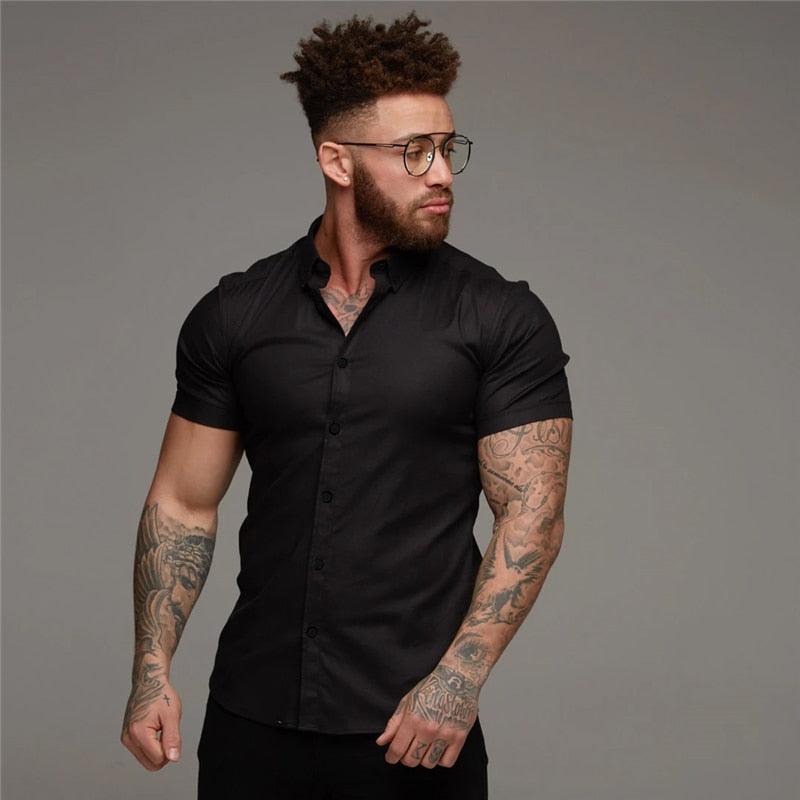 Summer Fashion Short Sleeve Shirt - Men Solid Super Slim Fit - Male Social Business - Men Gym Fitness(TM1)(T2G)(1U8)(TM8)