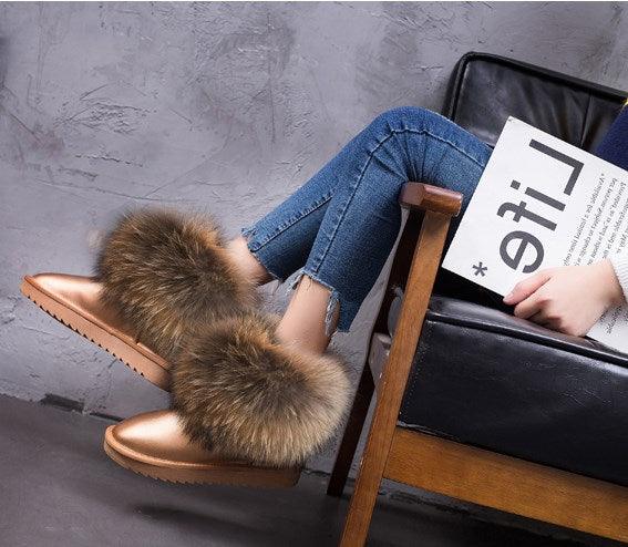 Cute Fashion Genuine Cowhide leather women's boots - real fox fur - winter warm ankle boots, various colors, plus size (FS)(CD)(1U40)(1U38)(1U107)