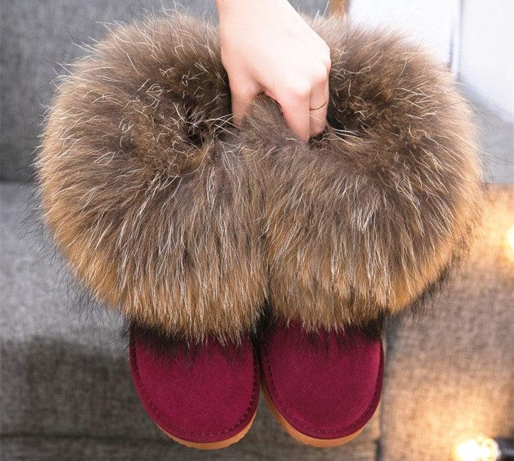 Cute Fashion Genuine Cowhide leather women's boots - real fox fur - winter warm ankle boots, various colors, plus size (FS)(CD)(1U40)(1U38)(1U107)