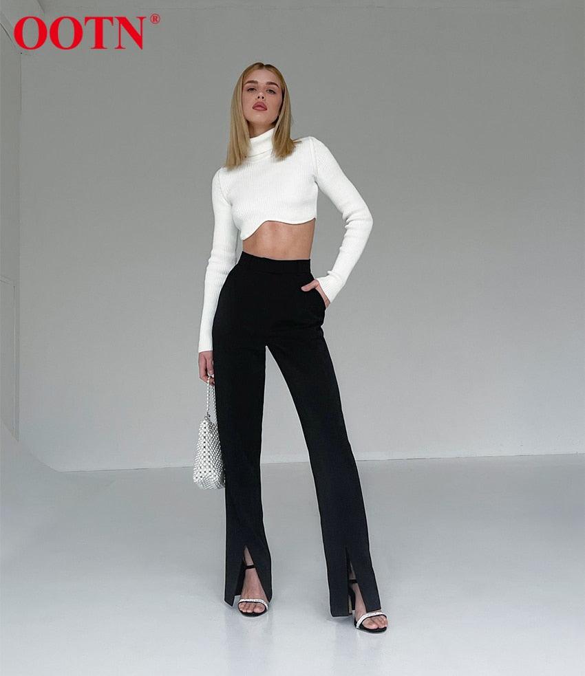 High Street Fashion Black Boot Cut Pants - Female High Waist Split Elastic Waist Slim Trouser For Women Wild Plus Length Pant (BP)(1U25) - Deals DejaVu