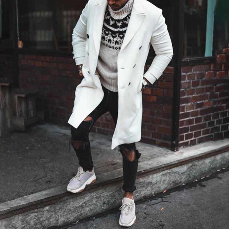 White Men Winter Trench Coats - Casual Slim Double Breasted - Mens Jacket Warm Long Oversize Overcoat England Style Coat Wool Jacket (D100)(TM4)(CC1) - Deals DejaVu