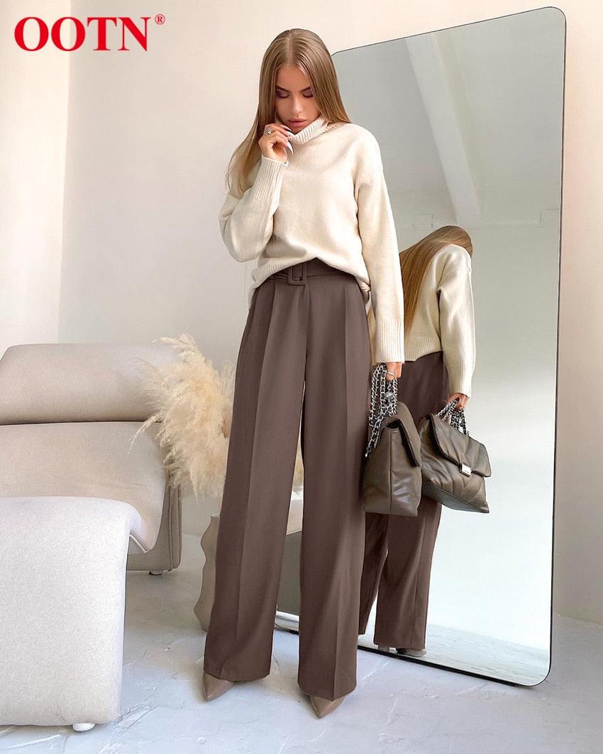 Gorgeous Autumn Office Wide Leg Pants Women Sashes Elastic Waist Pants - Elegant Ladies Brown Trousers Plus Length Palazzo Cozy (D25)(BP)(1U25) - Deals DejaVu