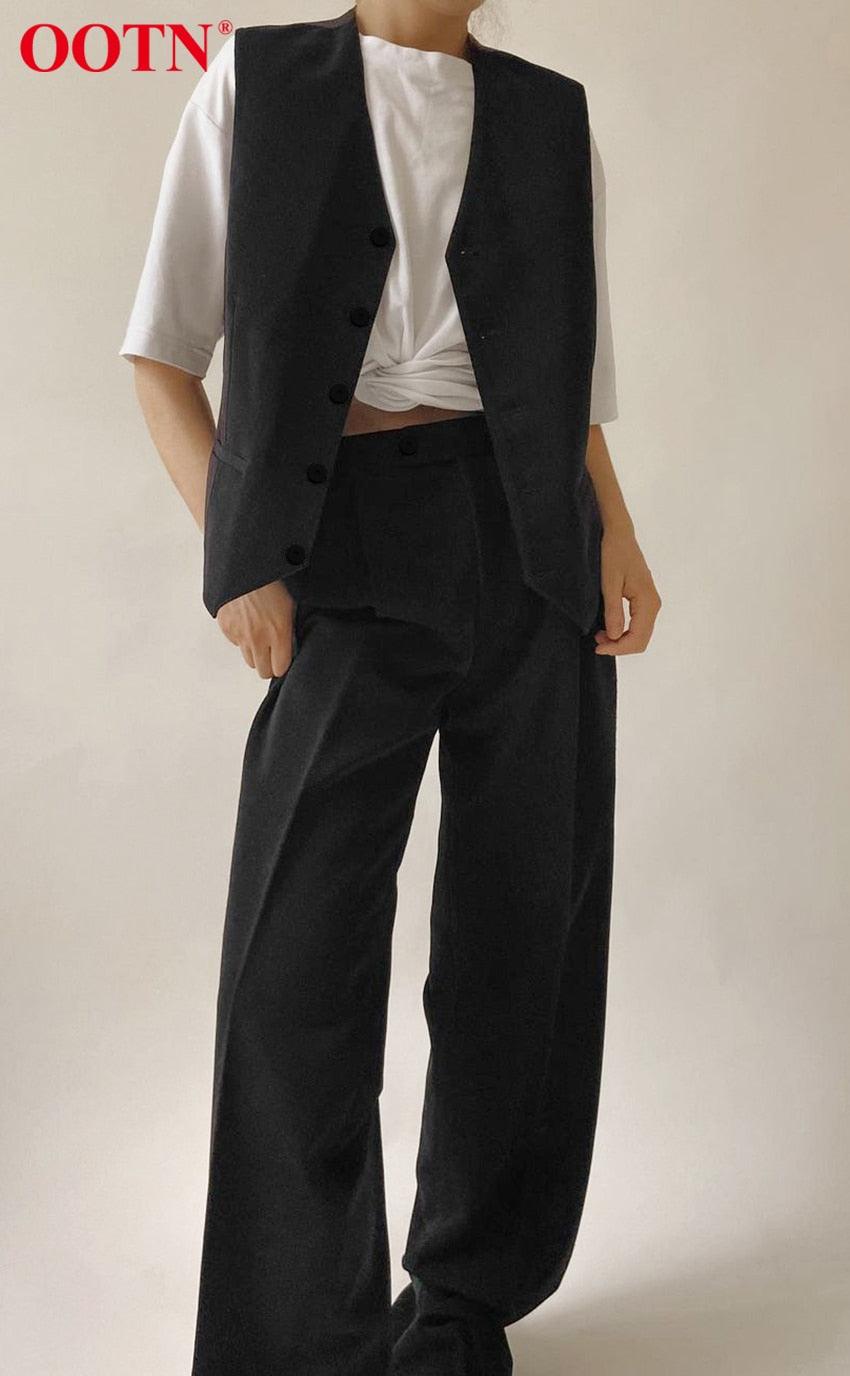 Great Office Lady Pleated Loose Zipper Wide Leg Pants - Women Solid Button Floor-Length Pants Female High Waist Trousers Autumn (D25)(BP)(1U25) - Deals DejaVu