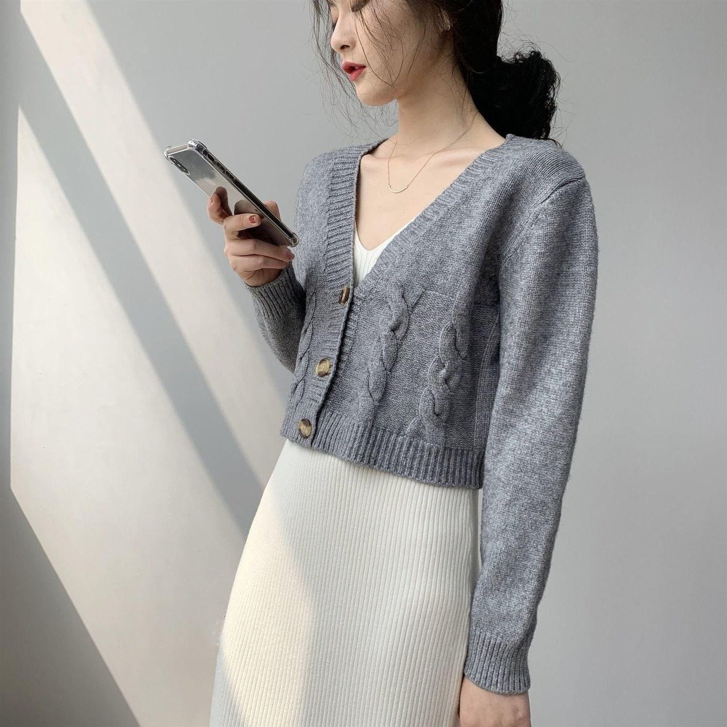 Great Women Cardigans Spring Short Cropped Cardigans - Button Up V neck Twisted Knitted White Cardigan Sueter Feminino (TP4)(TB8C)(1U23) - Deals DejaVu