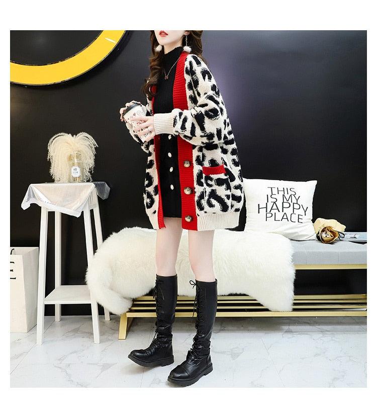 Women Fashion Long Sweater and Cardigans - Open Stitch Leopard Casual Cardigans Red and Yellow Oversized Knit Jacket Out Coat (TP4)(TB8C)(1U23) - Deals DejaVu