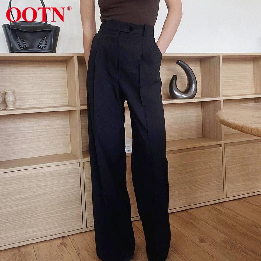 Great Office Lady Pleated Loose Zipper Wide Leg Pants - Women Solid Button Floor-Length Pants Female High Waist Trousers Autumn (D25)(BP)(1U25) - Deals DejaVu