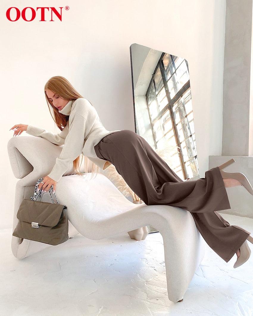 Gorgeous Autumn Office Wide Leg Pants Women Sashes Elastic Waist Pants - Elegant Ladies Brown Trousers Plus Length Palazzo Cozy (D25)(BP)(1U25) - Deals DejaVu