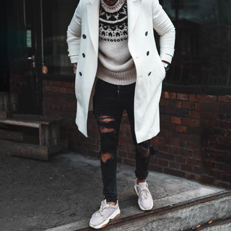 White Men Winter Trench Coats - Casual Slim Double Breasted - Mens Jacket Warm Long Oversize Overcoat England Style Coat Wool Jacket (D100)(TM4)(CC1) - Deals DejaVu