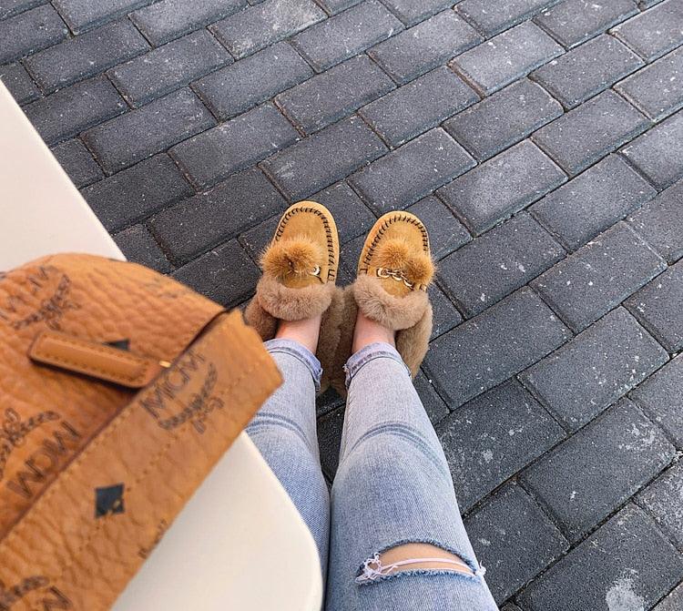 Trending Winter 100% Genuine Leather Real Wool Women Flats New Fashion Female - Plus Size Snow Shoes (FS)(CD)(1U40)(1U38)(1U107)