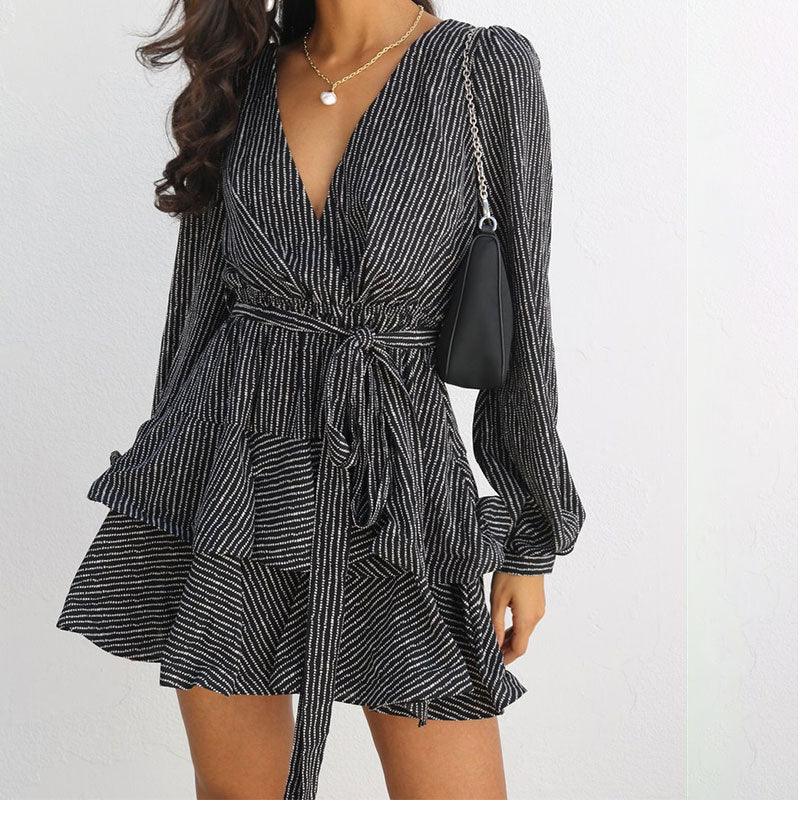 Gorgeous Dot Dress For Women - V Neck Sexy Party Ladies Mini Dresses - Long Sleeve Ruffles Belted Black High Street Vestidos Female (BWD)(WS06)(F30)(2U30) - Deals DejaVu