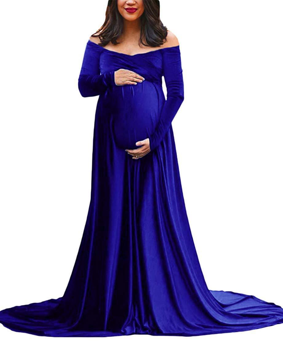 Maternity Dresses for Baby Showers Long Sleeve Pregnant Women Velvet Maxi Gown Dress Sexy V Neck Pregnancy Dress for Photo Shoot