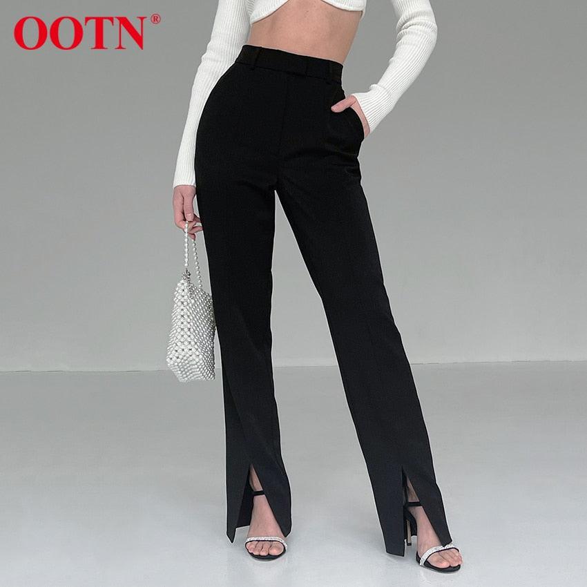 High Street Fashion Black Boot Cut Pants - Female High Waist Split Elastic Waist Slim Trouser For Women Wild Plus Length Pant (BP)(1U25) - Deals DejaVu