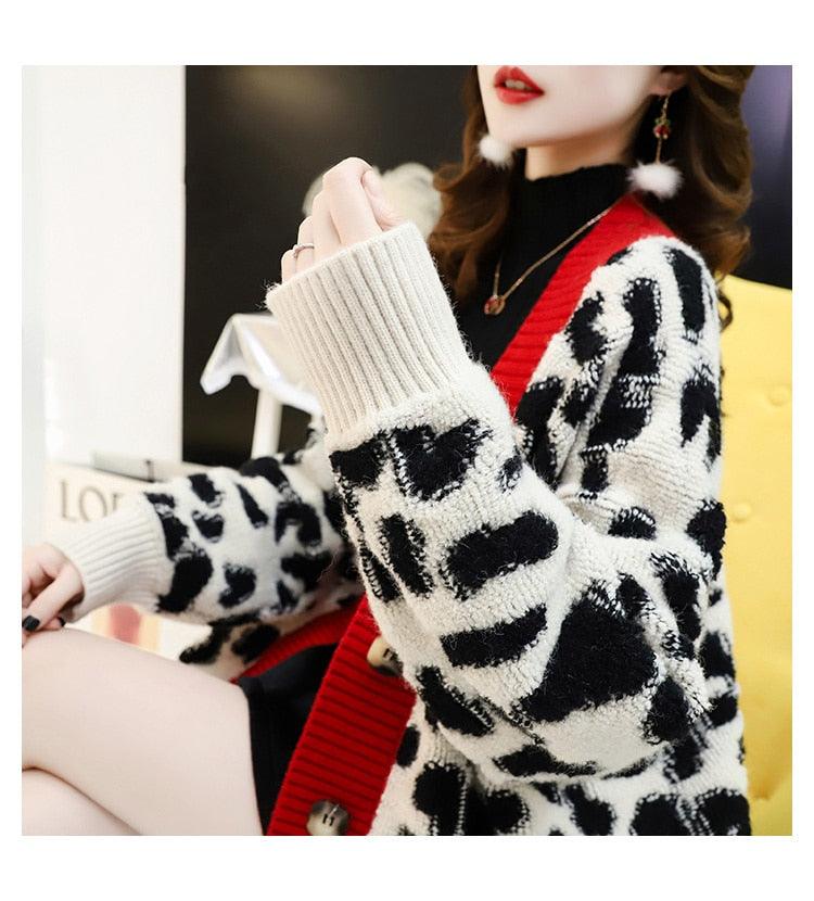 Women Fashion Long Sweater and Cardigans - Open Stitch Leopard Casual Cardigans Red and Yellow Oversized Knit Jacket Out Coat (TP4)(TB8C)(1U23) - Deals DejaVu