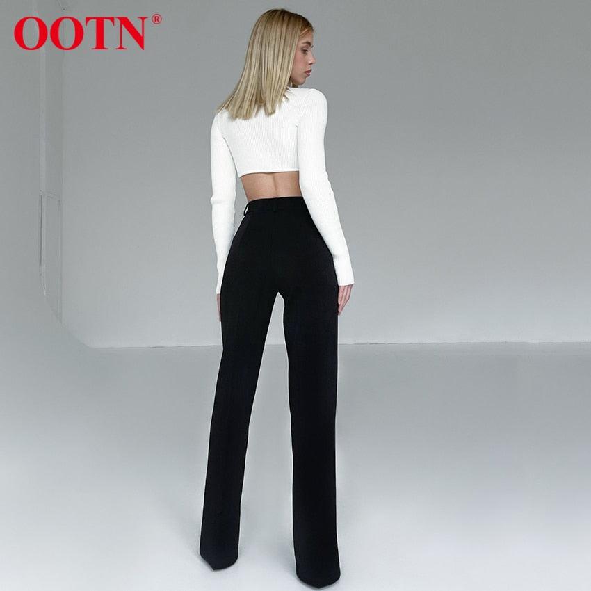 High Street Fashion Black Boot Cut Pants - Female High Waist Split Elastic Waist Slim Trouser For Women Wild Plus Length Pant (BP)(1U25) - Deals DejaVu