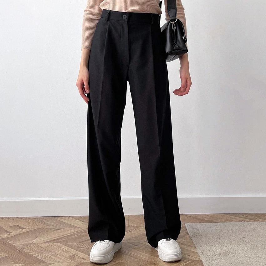 New Casual Baggy Trouser Women All-Match Pleated Spring High Waist Black Straight Pants - Office Elastic Waist Pocket Pants Lady (BP)(1U25) - Deals DejaVu
