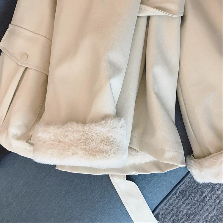 New Winter Oversized Leather Jacket - Women with Faux Rex Rabbit Fur Inside Warm Soft Thickened Fur Lined Coat Long Sleeve (TB8B)(TB8A)(TP3)(1U23) - Deals DejaVu